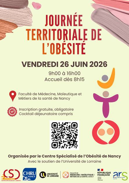 Poster for Journee territoriale de l'obésité (Nancy, 26 juin 2026, 9h–16h, accueil 8h15) with a QR code and partner logos.
