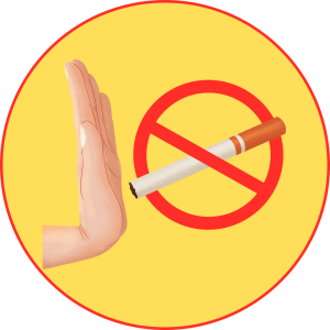 No smoking sign: cigarette crossed out with a red diagonal line on a yellow circular background with a red border.