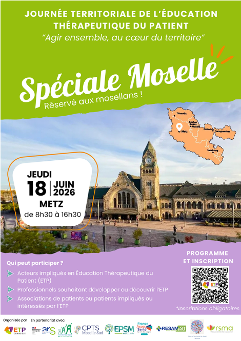 Promotional banner for a territorial patient education day in Moselle (Metz), June 18, 2026, 8:30–16:30, with a Moselle map and event details.