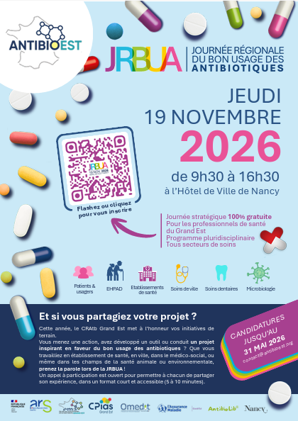 Poster for the 2026 regional day on antibiotic use (Nov 19) with a QR code, pills scattered, and logos (Nancy venue).
