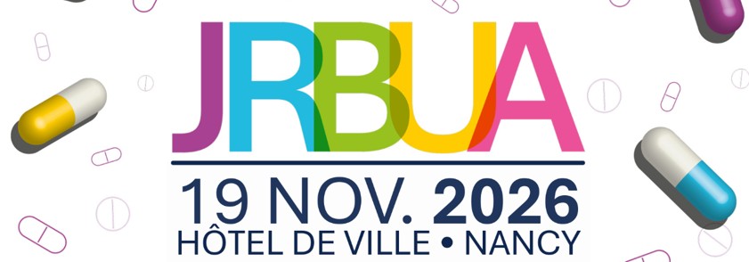 Colorful JRBUA event banner with the date 19 NOV. 2026 and venue Hôtel de Ville, Nancy; pills decorate the border.