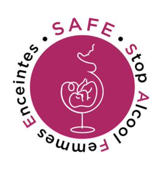 Circular logo with a wine glass containing a fetus, surrounded by pink/black text reading 'SAFE Stop Alcohol FEMMES ENCEINTES' (no alcohol during pregnancy).