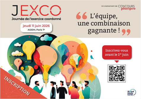 Affiche JEXCO: journée d’exercice coordonné, jeudi 11 juin 2026, ASIEM, Paris 7e. Groupe autour d’ampoules colorées; bannière INSCRIPTION et QR code.