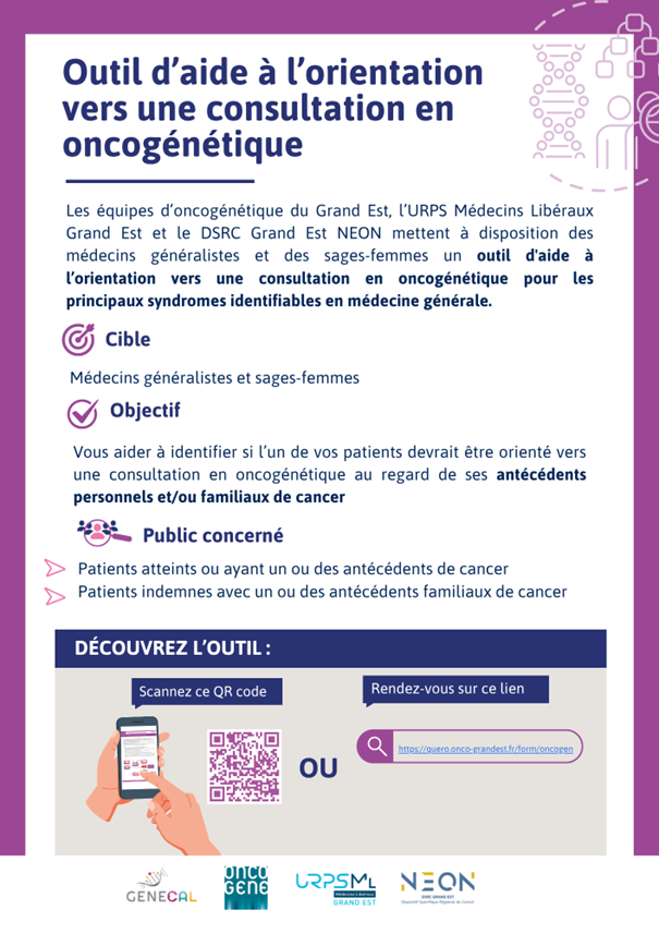 Affiche informative en français présentant un outil d'aide à l'orientation vers une consultation en oncogénéétique, avec sections Cible, Objectif et Public concerné et un mode d’utilisation (QR code et lien).