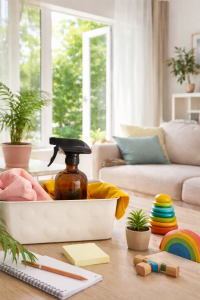 Sunlit living room; on a coffee table a brown spray bottle sits beside a white toy bin and colorful blocks.