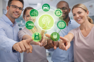 Diverse team members touch a glowing circular hub of green eco icons (tree, wind turbine, globe, plug, and transport symbols) representing sustainability collaboration.