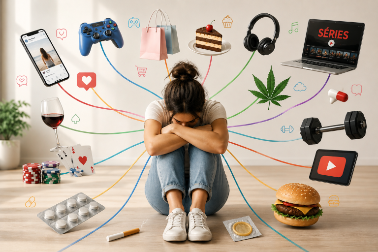 Young woman sits on the floor with her head down and arms wrapped around her knees, surrounded by colorful lines connecting to items like a phone, game controller, shopping bags, cake, headphones, laptop, cannabis leaf, pills, a burger, and a tablet, symbolizing digital overload and distractions.